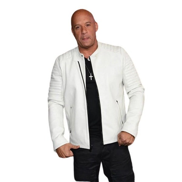 Men's White Bomber Jacket | Vin Diesel White Leather Jacket | Leather Biker Jacket | Party Jacket | Fashion Jacket |