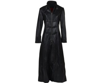 Womens Black Leather Steampunk Gothic Long Duster Coat | Warm Winter Leather Trench Overcoat |