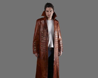 Genuine Leather Gothic Coat | Men's Steampunk Matrix Trench Coat | Brown Long Leather Overcoat |