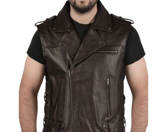 Men's Brown Leather Motorcycle Vest | Handmade Western Brown Leather Vest | Cowboy Riding Vest | Biker Vest |