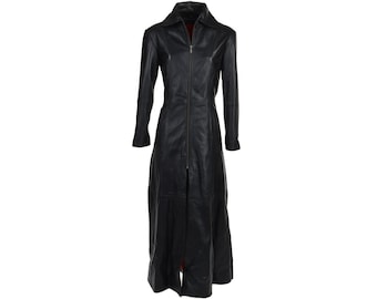 Black Leather Gothic Trench Coat | Women Long Leather Duster Overcoat | Handmade |