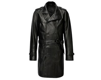 Men's Black Lambskin Leather Trench Coat | Double Breasted Long Leather Trench Coat | Gift For Men |