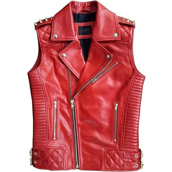 Red Leather Vest | Handmade Sheepskin Motorcycle Leather Vest | Red Quilted Cafe Racer Jacket |