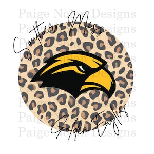 Könnte beinhalten: Ein kreisförmiges Design mit dem Logo der Southern Miss Golden Eagles. Das Logo ist ein schwarzer und gelber Adlerkopf vor einem Leopardenmuster-Hintergrund. Die Wörter "Southern Miss" und "Golden Eagles" sind in einer Schrift geschrieben.