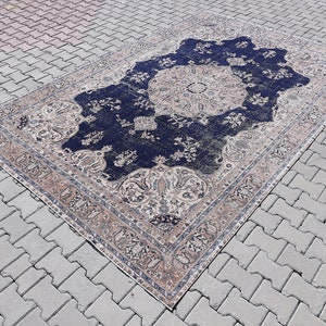Antique Persian Rug for Living Room 7x11, Oriental Large Area Rug Beige&Dark Blue Oriental Anatolian Bohomian Rug, Antique Oushak Rug