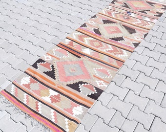 Vintage Turkish Kilim Rug Runner 3x10: Handwoven Boho Area Rug