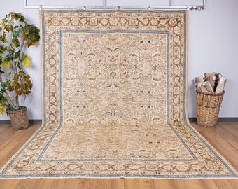 Oversized Vintage Turkish Wool Rug: 9x12 Light Beige Floral Carpet