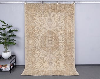 Muted Turkish Vintage Area Rug, Low Pile Neutral Decorative Handmade Carpet