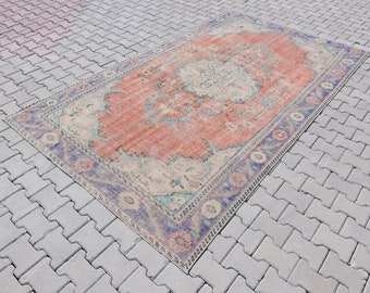 6x10 Antique Persian Oushak Rug, Red and Blue Anatolian Boho Rug