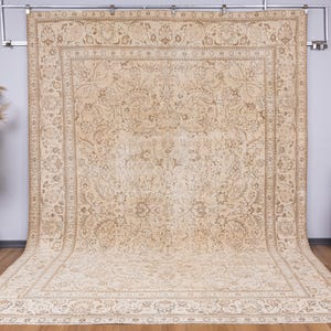 Oversized Neutral Turkish Rug: 9x12 Beige & Brown Floral Wool Carpet