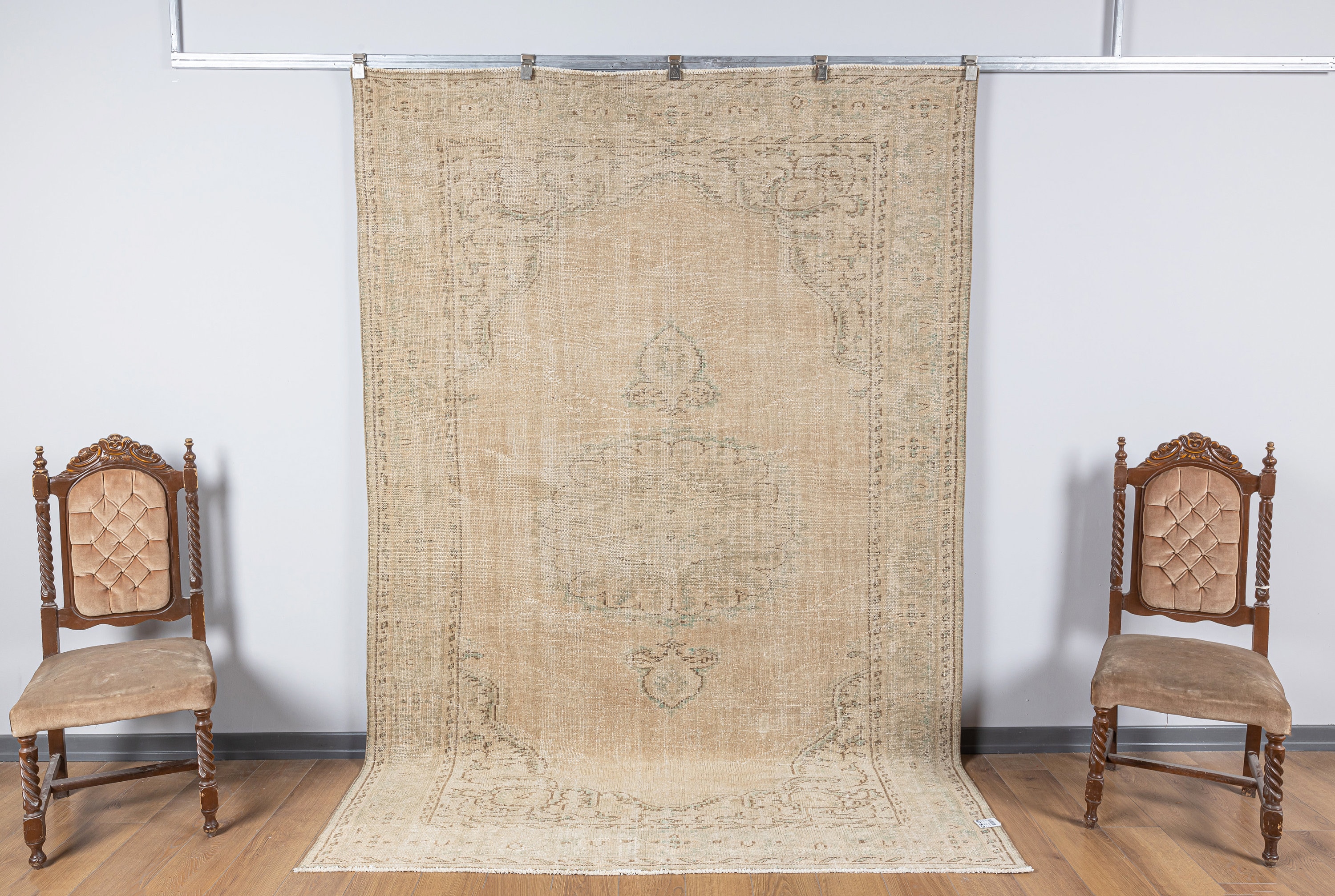 Vintage Turkish Oushak Runner Rug Beige Anatolian Floral