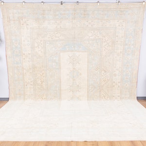 Neutral Rug 11x13 Muted Rug 11x14 Faded Geometric Rug, Pale Oushak Oversized Rug,Low Pile Extra Large Antique Rug,Soft Wool Area Rug
