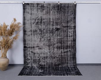 Vintage Turkish Overdyed Black Wool Rug, Handwoven Anatolian Area Carpet