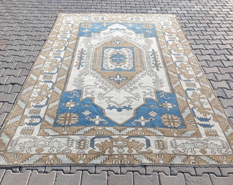 Vintage Turkish Oushak Rug 7x10, Blue Beige Cream, Large Anatolian Boho Rug