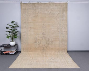 8x12 Neutral Oushak Rug, 8x13 Muted Turkish Carpet, Oversized Faded Unique Boho Decor
