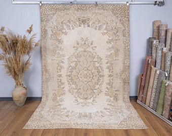 Mutiger Teppich 200x300 Verblasster Großer Teppich Creme & Braun 7x10 Türkische Handgeknüpfte Kurzflor-Wollteppiche