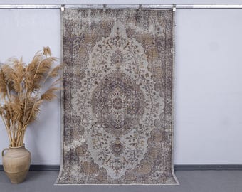Turkish Vintage Medallion Pattern Distressed Rug, Low Pile Oushak Boho Decor Carpet