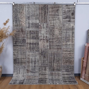 Alfombra turca hecha a mano de 6x8 pies, color gris, con retazos, estilo vintage.