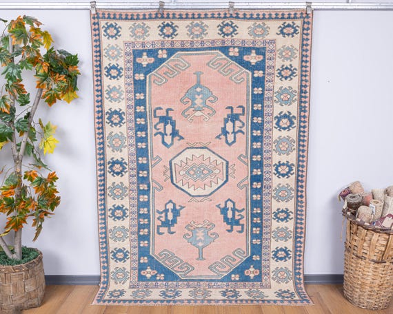 ヴィンテージトルコウールラグ：5.4x7.5フィート、ピンクブルーの幾何