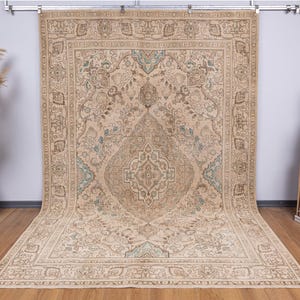 Beige rug 8x11 Muted vintage carpet , Oversized neutral rug , Faded oriental handmade rug , 7&#39;9x11&#39;2 feet handmade rug
