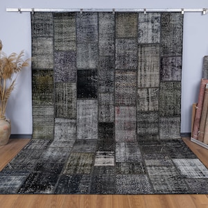 Vintage Patchwork Teppich, 9x30 Pastell Schwarz Handgefertigter Teppich, Türkisches Patchwork, 3,5x30 Fuß