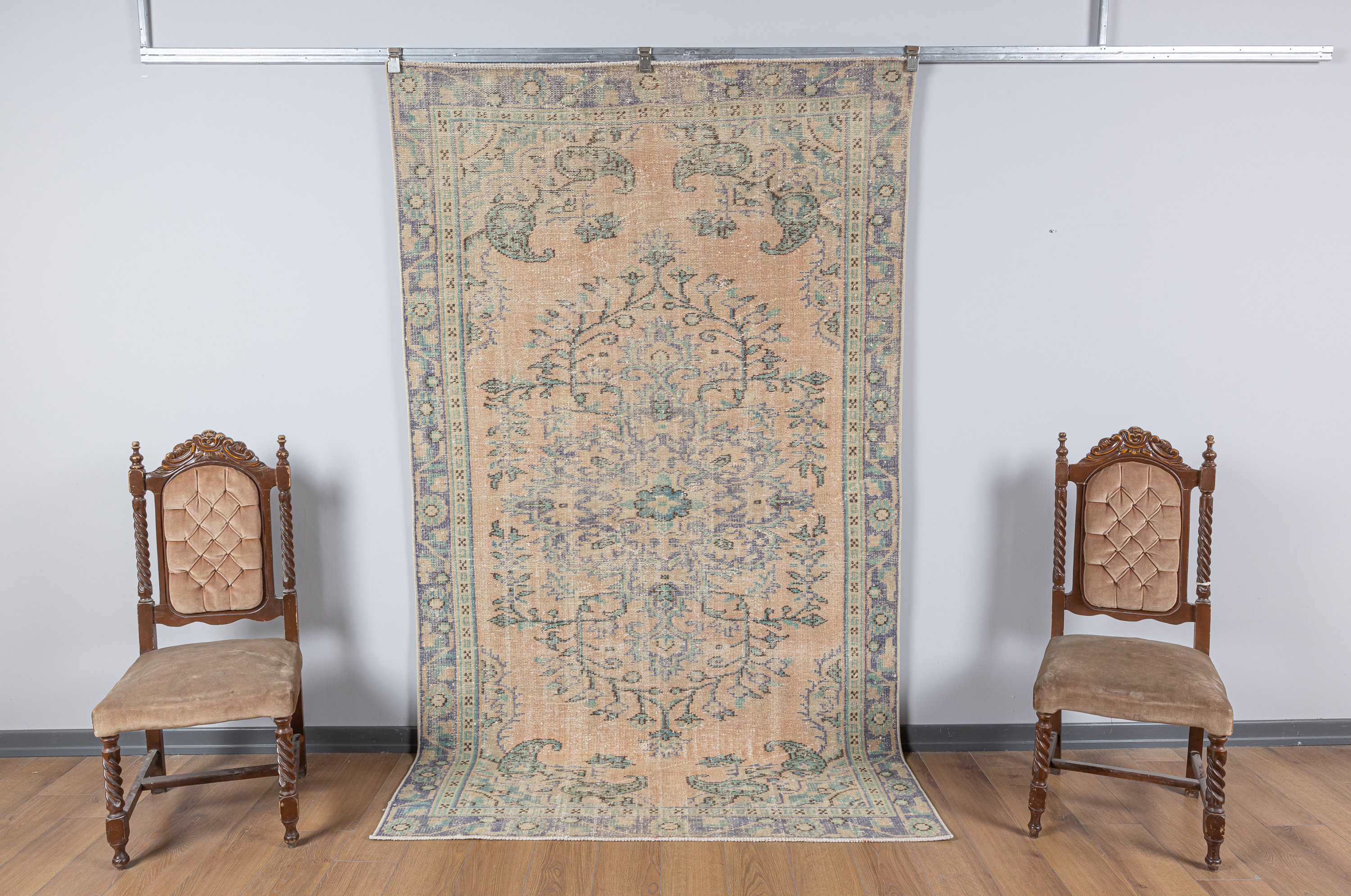 Faded Oushak Rug Hand-Knotted Wool Turkish Area