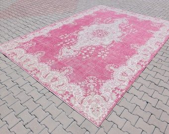 9x12.8 Vintage Turkish Oushak Rug, Pink Cream Pattern, Large Area Rug