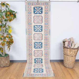 Pastel Turkish Runner 3x9 Vintage Runner Rug 2&#39;7x9&#39;5 Turkish Faded Cream,Pink&Blue Vintage Runner, Antique Handwoven Turkish Boho Rug