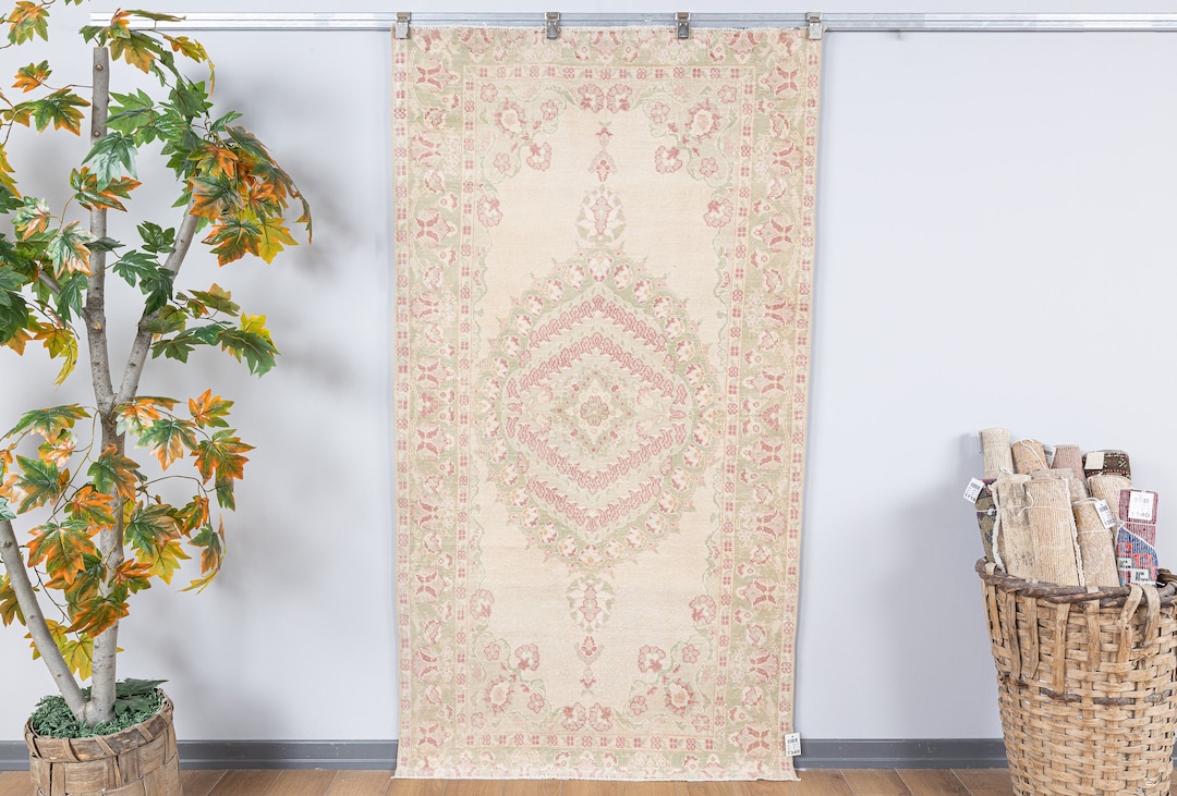 4x7 Neutral Turkish Bathmath Rug Muted Pink&green Turkish Entry Rug ...