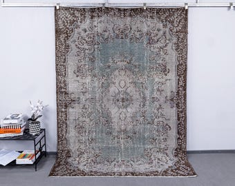 Vintage Turkish Wool Rug, Gray Oushak Carpet, Oriental Farmhouse Decor