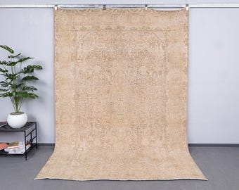 Vintage Neutral Area Rug, Turkish Low Pile Muted Large Carpet