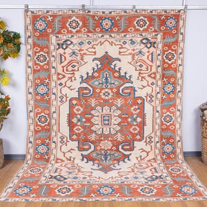Pastel Vintage Rug 7x10 Heriz Pattaned Turkish Rug, Low Pile Bohemian Carpet 7&#39;3x9&#39;7 Large Unique Rugs