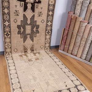 Neutral Turkish Runner Rug 4x12: Vintage Faded Beige Brown Oushak Rug