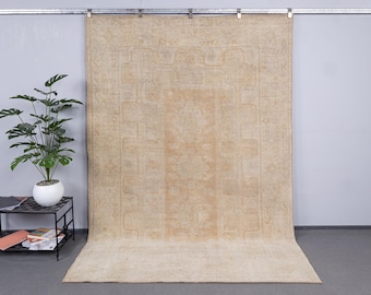 Vintage Turkish Oushak Rug 7x9, Cream Beige Wool Carpet with Faded Geometric Pattern