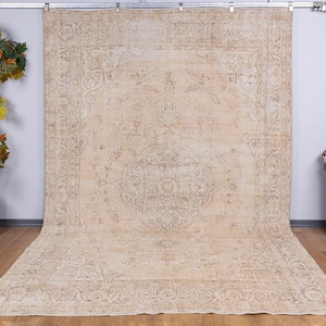 Vintage Turkish Rug 8x11 Primitive Oushak Rug 8x11 Beige Large Rug, Oversized Distressed Old Carpet