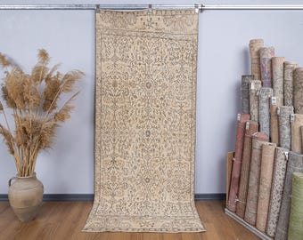 4x8 Vintage Turkish Rug, 4x9 Beige Brown Handmade Antique Carpet , 3.6 x 8.5 Feet