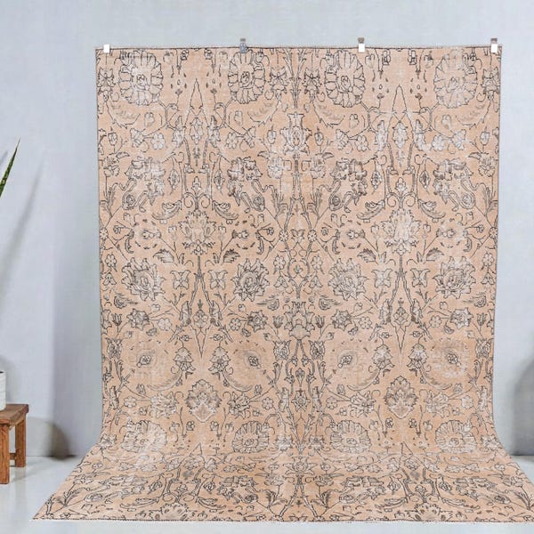 7x9 Muted Beige Large Area Rug, 7.3x9.4 feet Floral Distressed Carpet