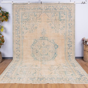 Oversized Oushak Rug 8x11: Beige & Petrol Green Turkish Wool Carpet