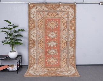 Turkish Vintage Geometric Pattern Rug, Pastel Oushak Decorative Area Carpet
