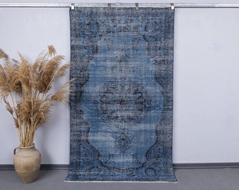 Vintage Blue Area Rug, 4x7 Turkish Rug for Entryway,Kitchen,Nursery, Handmade Oushak Rug, Antique Decor Rug 4.3x7.5 ft