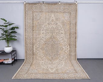 7x10 Vintage Turkish Oushak Rug,  Muted Yellow, Beige & Grey, 6'6x10.3 feet