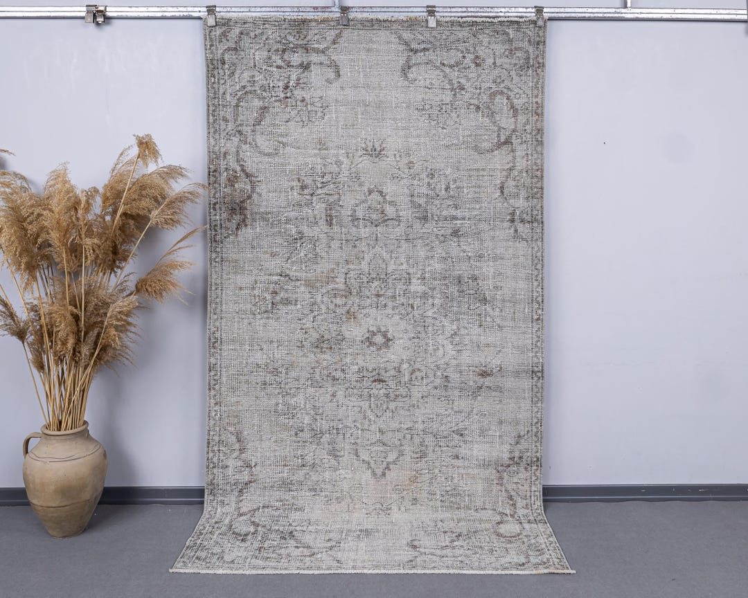 Light Grey Distressed Area Rug, Vintage Faded Gray Turkish Overdyed ...