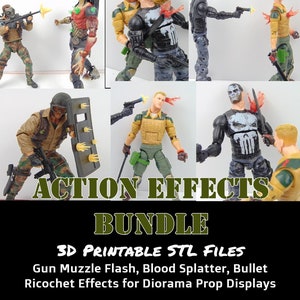 Puede incluir: Una colección de archivos STL imprimibles en 3D para efectos de acción, que incluyen flash de boca de arma, salpicaduras de sangre y efectos de rebote de bala. Estos efectos están diseñados para usar con figuras de acción y dioramas.