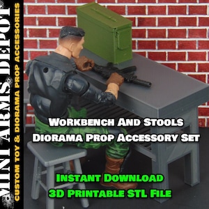 May include: A 3D printable model of a workbench and two stools, designed for use with action figures. The model is shown in grey plastic, with a green ammo box on top of the workbench. The text "WORKBENCH AND STOOLS DIORAMA PROP ACCESSORY SET INSTANT DOWNLOAD 3D PRINTABLE STL FILE" is printed on the image.