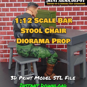 May include: A 1:12 scale bar stool chair diorama prop, 3D printed model STL file, instant download. The model is gray and is shown with a miniature action figure sitting on it.