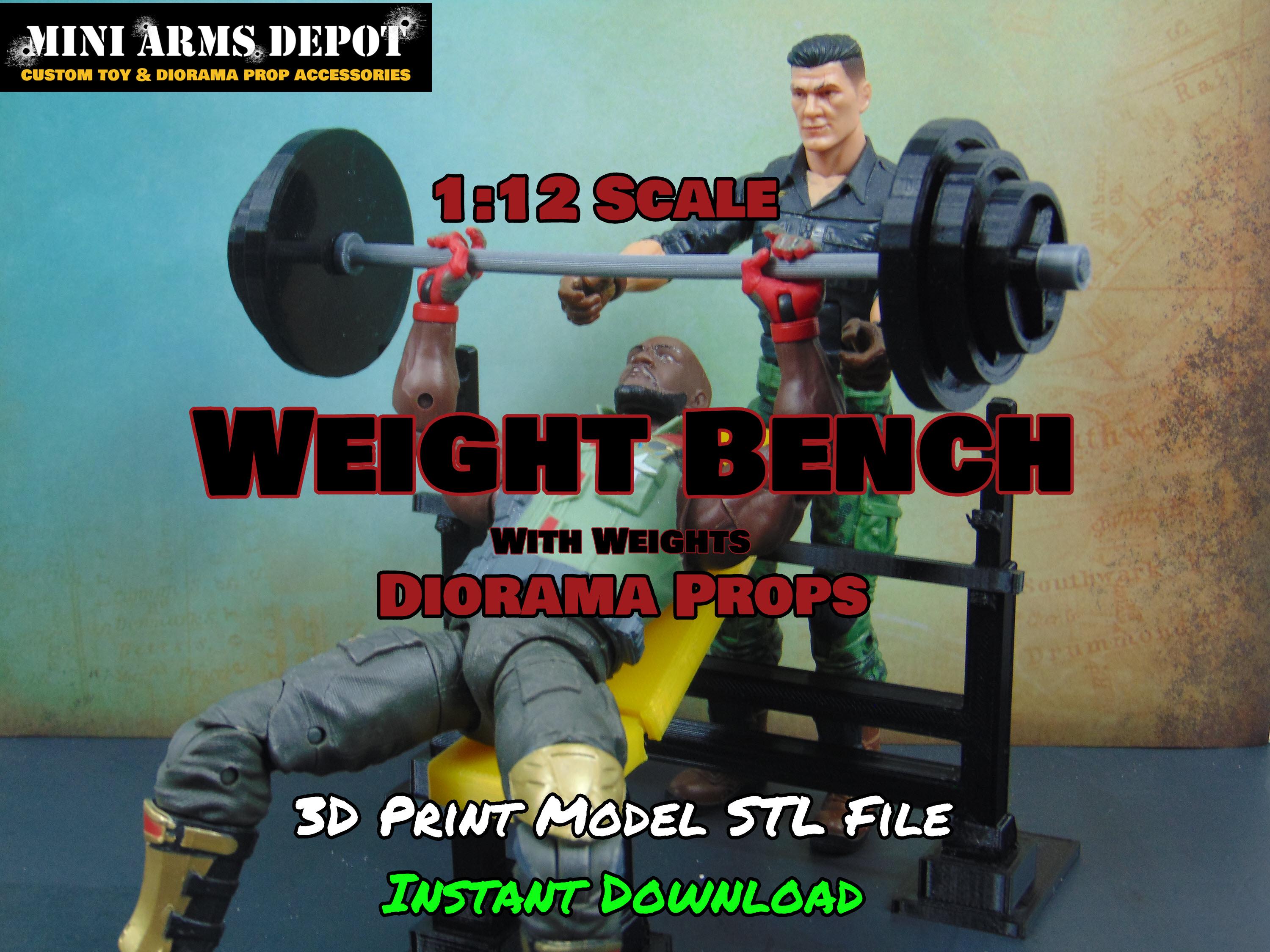 Custom 1:12 Scale 3D Printable Weight Bench Press Diorama Prop STL files for 6 inch GI JOE Classified Marvel Legends Mezco figures