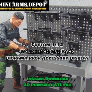 Custom 1:12 Workbench Gun Rack with Hooks Diorama Prop Display 3D Printable file for 6" GI JOE Classified Marvel Legends Mezco figures