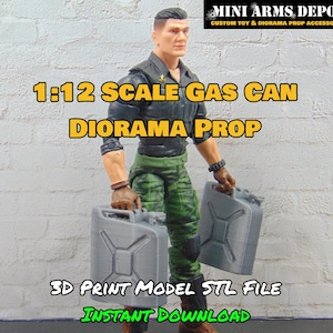 May include: A 3D printed model of a 1:12 scale gas can, designed for use as a diorama prop. The model is gray and has a textured surface. The model is available for instant download as an STL file.