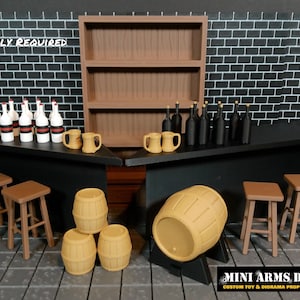 May include: Miniature bar set with black counter, wooden shelves, stools, barrels, and bottles. Includes text "ASSEMBLY REQUIRED" and "MINI ARMS DEPOT". The set features a brick wall backdrop and a tiled floor.