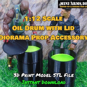May include: A 1:12 scale black plastic oil drum with a lid. The drum is filled with green liquid. The drum is a 3D printed model STL file for instant download. MINI ARMS DEPOT CUSTOM TOY & DIORAMA PROP ACCESSORIES.
